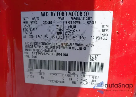 2007 Ford F-150 Lariat/Xlt from USA, damaged, VIN 1FTPW12V87FB04108